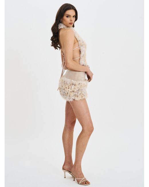 Miss Circle New York Gray Neutrals Sasha Tan Cheetah Backless Contoured Fur Halter Top