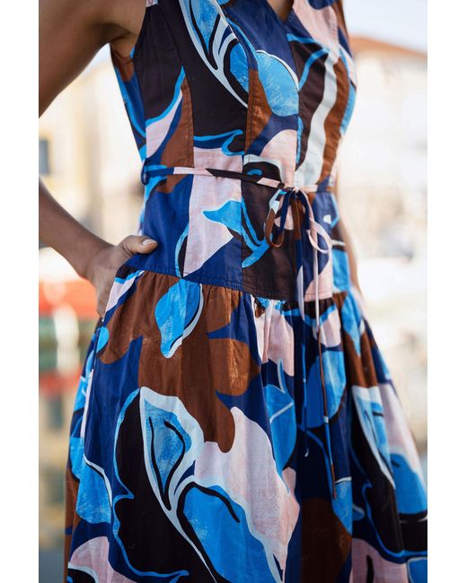 Yumi' Blue Cotton Floral Abstract Dropped Waist Midi Dress