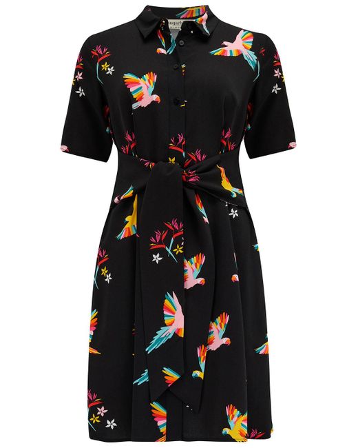Sugarhill Black Dessie Shirt Dress , Tropical Parrots
