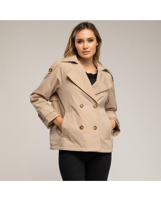 Tantra Spain Sl Natural Neutrals Short Quilted Trench Coat With Double-Breasted Buttons, Side Pockets, And Flared Back