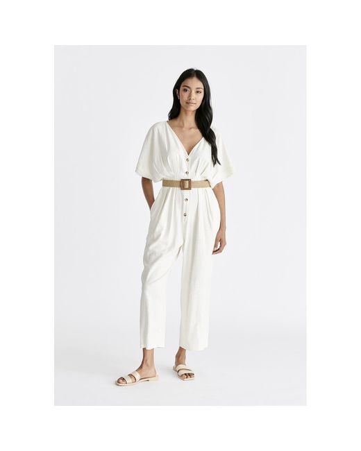 Paisie White Linen Blend Button Jumpsuit