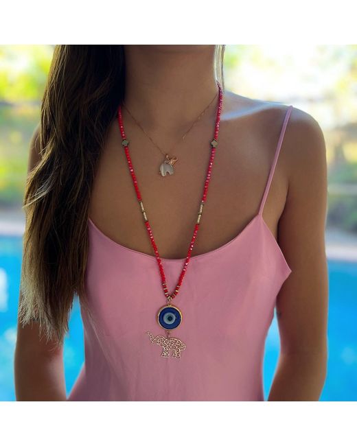 Ebru Jewelry White Summer Lucky Elephant And Evil Eye Necklace