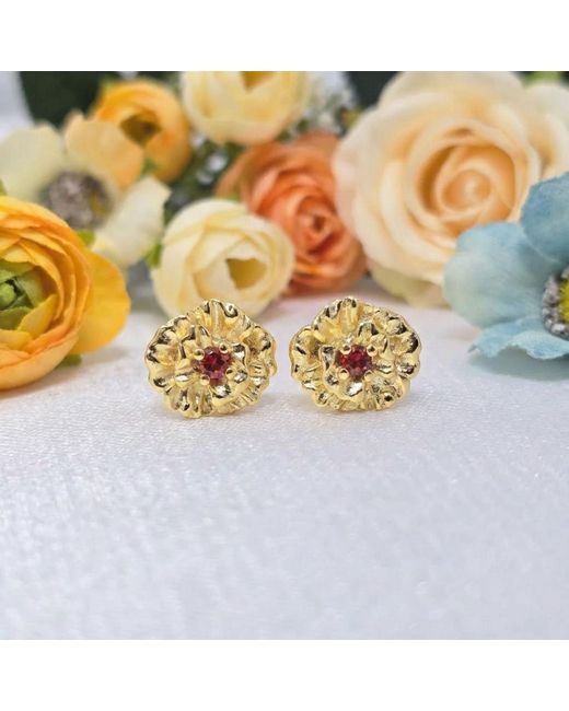 Harfi Metallic Garnet January Birthstone Carnation Birthflower Plated Stud Earrings