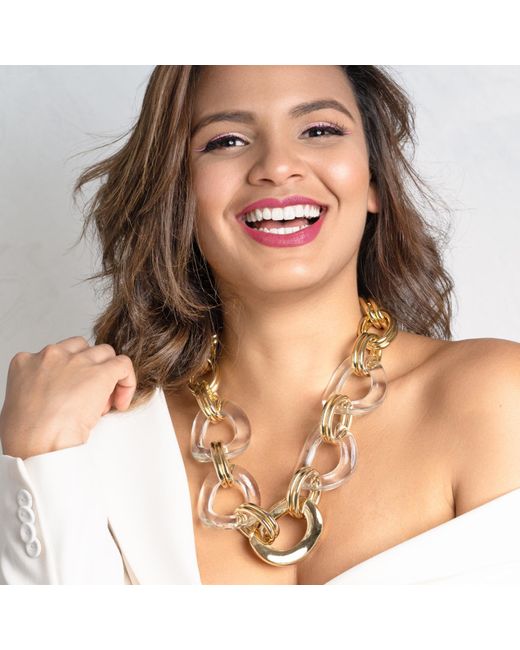 Gold & Honey Metallic Clear And Oversized Link Lucite Necklace