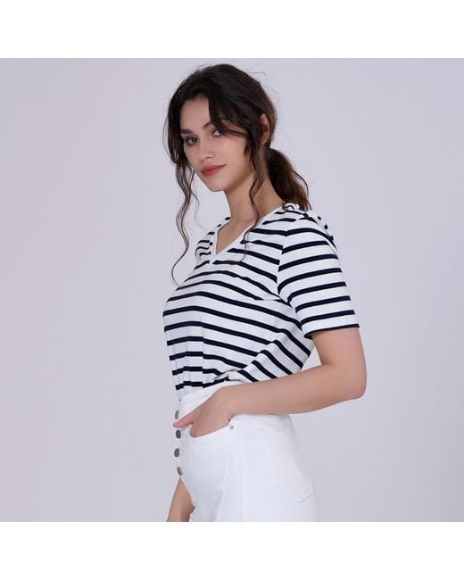 Smart and Joy Blue V Neck Stripes Cotton T-Shirt