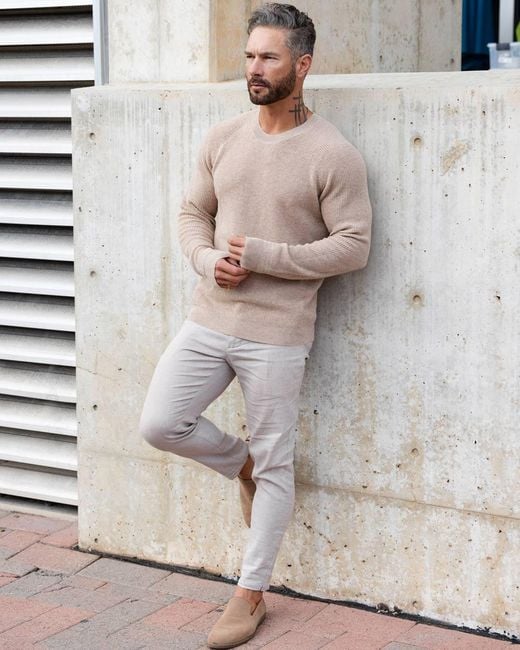 Weston Jon Boucher Natural Valen Waffle Knit Cashmere And Wool Fitted Lightweight Sweater for men