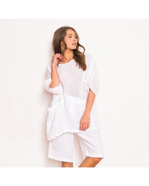 Haris Cotton Gray Front Pocket Curve Linen Gauze Blouse With Batwing Sleeve