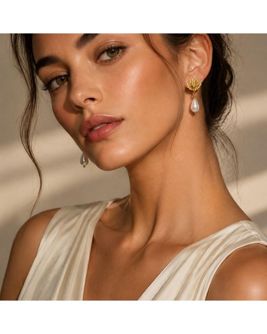 Unaloe Metallic Baroque Pearl Leaf Drop Earrings