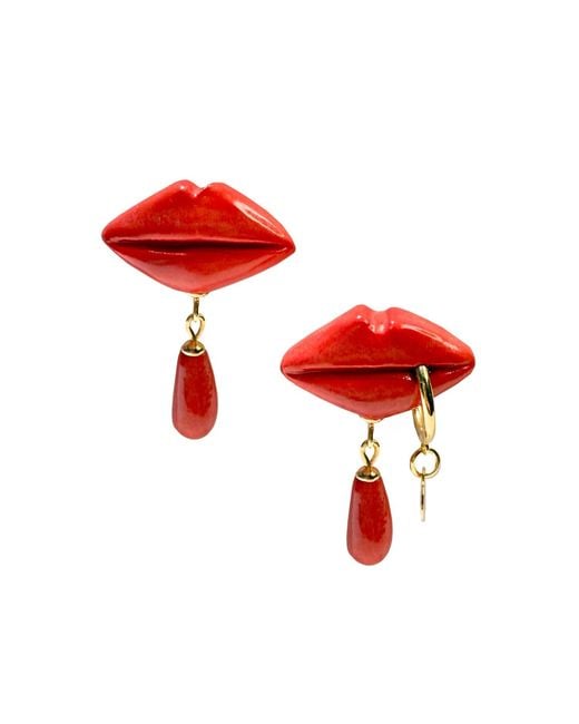 Sculp Red Pierced Kiss Lip Dangle Earrings