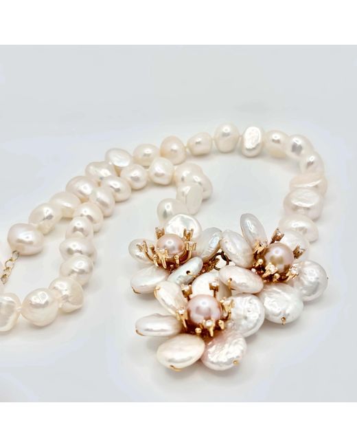 Angel Barocco Metallic Beaded Baroque Pearl Flowers Necklace