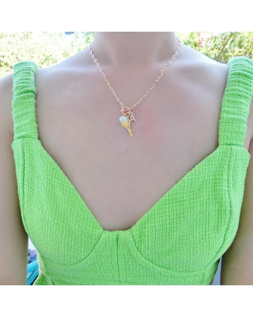 VALERIE CHIC Metallic Initial Letter Crystal Tennis Racket Pearl Necklace 18K