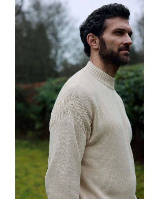 Paul James Knitwear Natural Neutrals Midweight Cotton Linen Sark Mock Neck Gansey Jumper for men