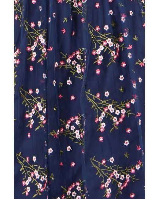 Yumi' Blue Embroidered Floral Mesh Prom Dress