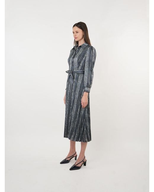 John Abgin Gray Satin Printed Pleated Midi Shirt Dress