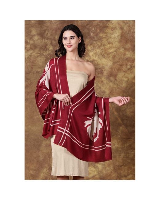 Heritagemoda Red Neutrals Hand-Painted Wool-Silk Scarf – Deep Burgundy With Soft Nude Floral Accents