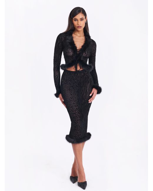 Miss Circle New York Black Hali Animal Print Burnout Velvet Fur Trim Top