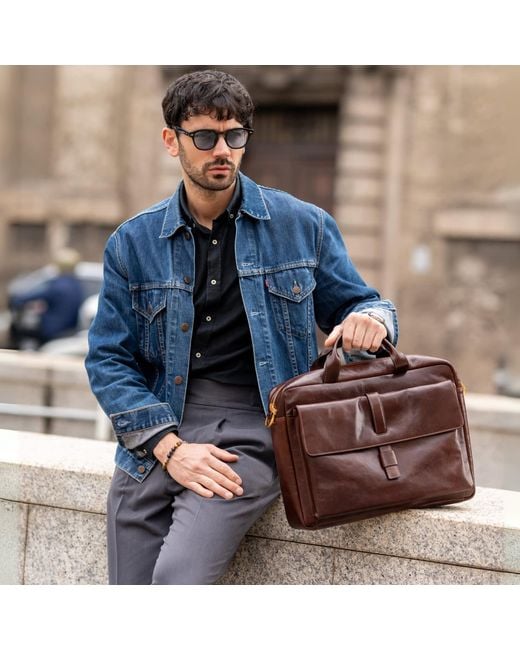 Time Resistance Brown Large Leather Briefcase Laptop Bag for men
