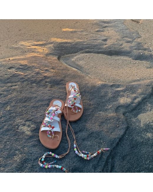 Sibylla Delphica White Neutrals Leather Sandals With Beads