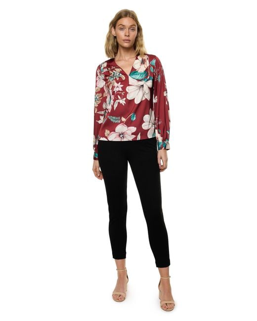 Carloslines Red V-Neck Pleat Detail Balloon Long Sleeve Blouse