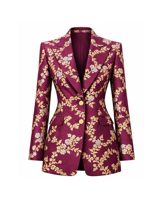 Richa Sharma Red Luxury Handcrafted Plum Hued Brocade Blazer With Floral Motifs