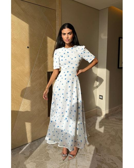 POST MERIDIEM White Printed Short Sleeve Floral Midi Dress