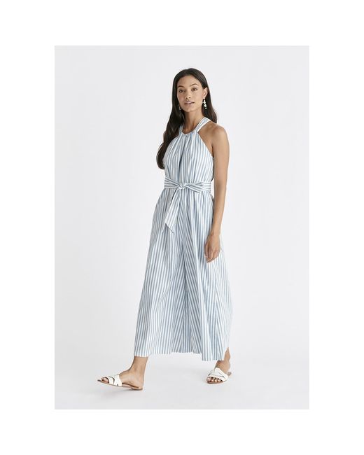 Paisie Blue Striped Halterneck Cotton Jumpsuit