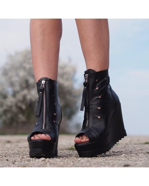 Adrenaline Fashion Black Summer Leather Wedge Boots – Handmade Genuine Leather Open Toe Ankle Boots With Front Zipper