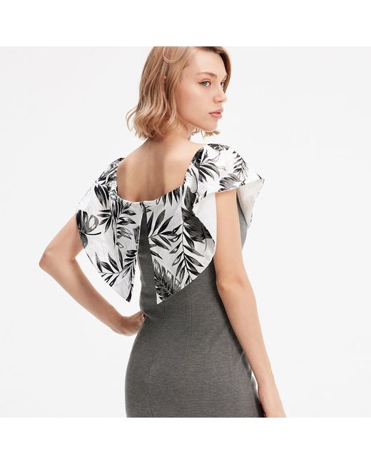 Smart and Joy Gray Bi-Material Bodicon Dress With Off-Shoulder Printed Ruffle