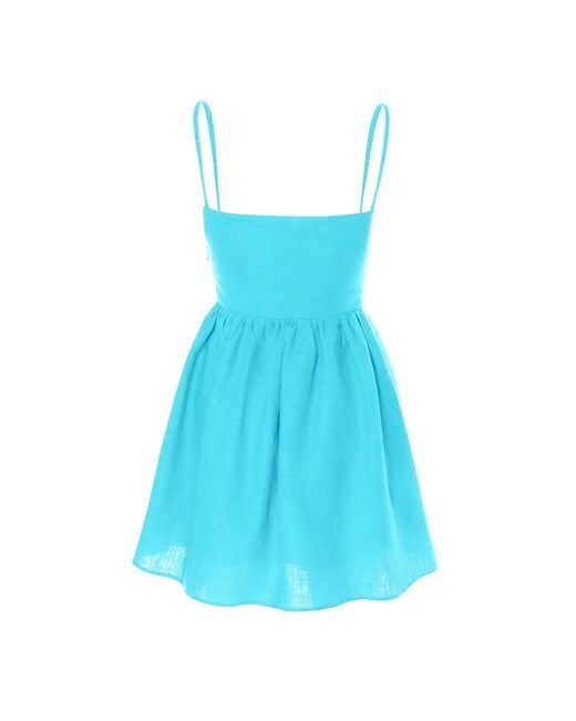 AVENUE No.29 Blue Linen Gathered Mini Dress With Straps