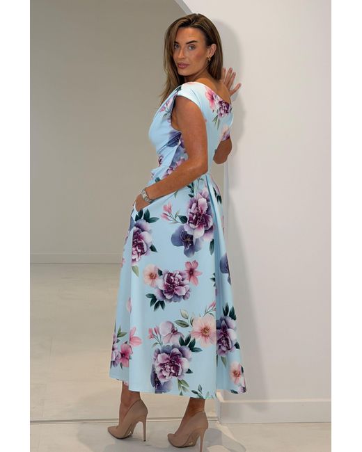 Girl In Mind Blue Betty Asymmetric Neckline Skater Midi Dress Print