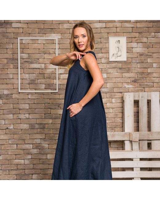 Nikka Place Blue Linen Loose Maxi Dress With Pockets
