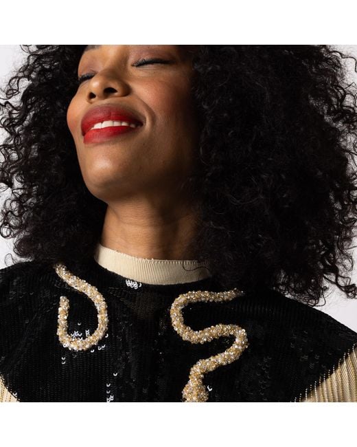 Laines London Black Hand Beaded Crystal & Pearl Snake Tassel Cape