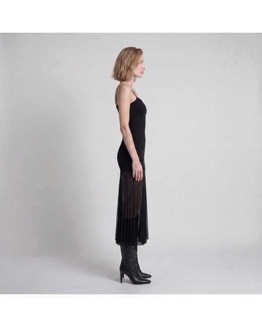 Modenaire Black Sheer Mesh Maxi Dress With Spaghetti Straps & A Fitted Silhouette