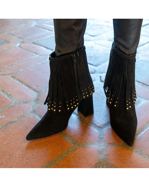 Beautiisoles by Robyn Shreiber Made in Italy Black Tal Suede Ankle Bootie Comfortable & Dressy With Studs For Work Or Evening