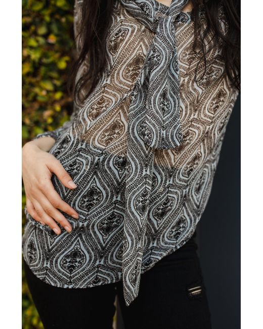 Jennafer Grace Gray Peri Paisley Tie Front Blouse