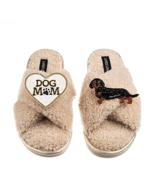 Laines London Natural Neutrals Boucle Slippers With Dog Mum/Mom & & Tan Dachshund Brooches