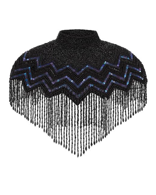 Richa Sharma Black Hand-Beaded Sequin And Pearl Fringe Cape Shawl