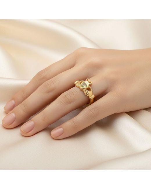 Seven Saints Metallic Claddagh Heart Ring Love, Friendship, Loyalty Peridot Zirconia And
