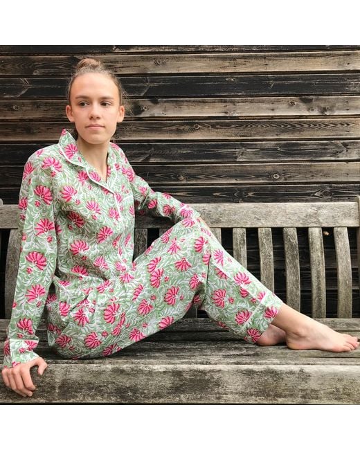 Lime Tree Design Blue And Floral Cotton Block Printed Pyjamas