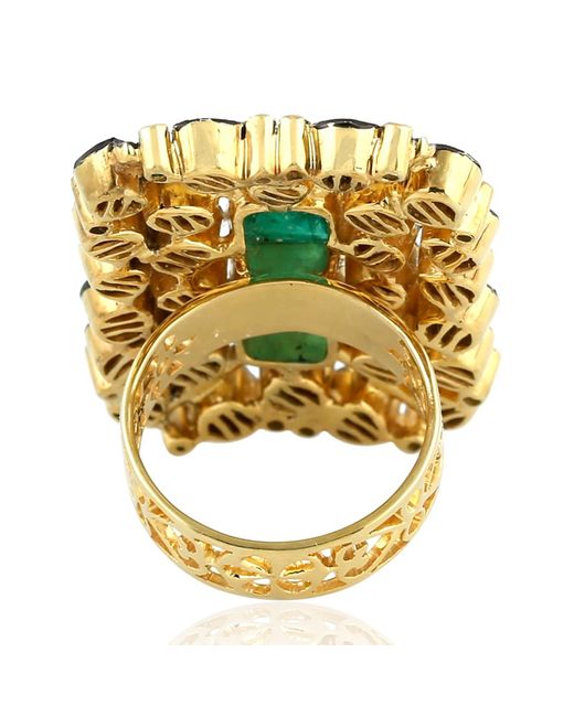 Artisan Green Uncut Diamond Yellow Gold Silver Cocktail Ring Emerald Gemstone Jewelry