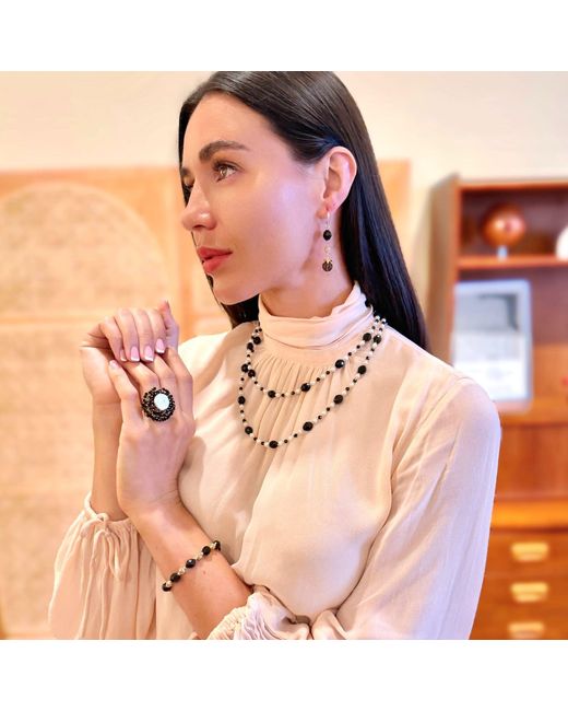 Farra Black Romantic Style Freshwater Pearl With Obsidian Cocktail Ring