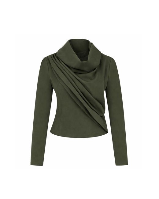 Maan Istanbul Green Draped Cowl Neck Long Sleeve Top Khaki Blouse