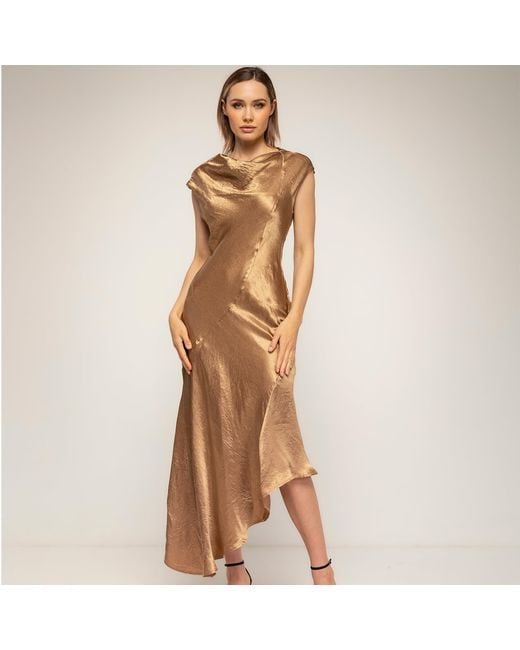 Tantra Spain Sl Brown Midi Dress With A Silk-Textured Boat Neckline And An Asymmetrical Hem