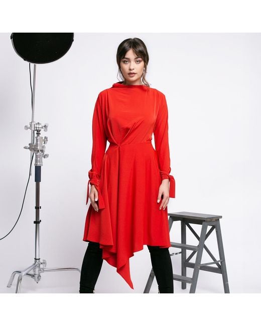 Larisa Dragna Red Poppy Pleated Asymmetric Dress