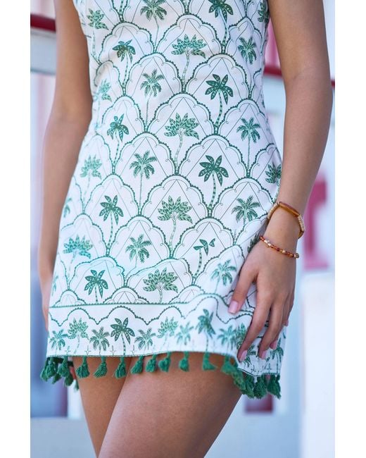 Yumi' Green Palm Tree Cotton Shift Mini Dress