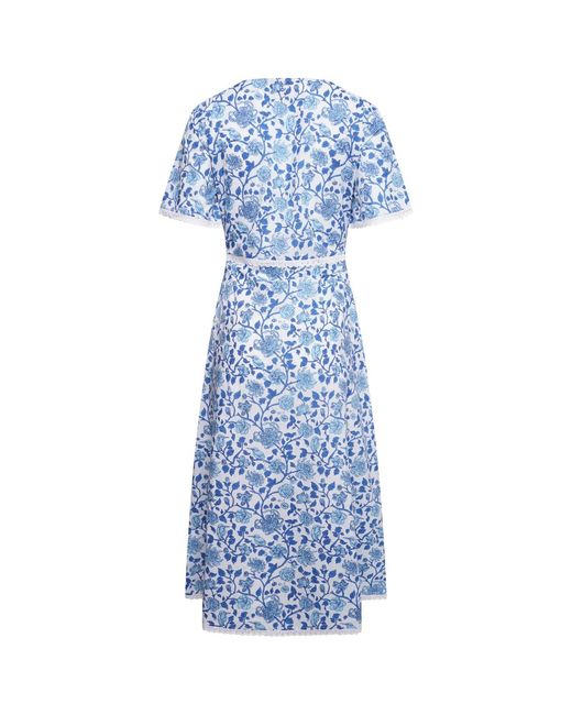 LAtelier London Blue Serafina Floral Cotton Midi Dress With Side Splits