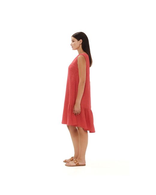 Haris Cotton Red Smock Linen Dress With Ruffle Hem Coral Reef