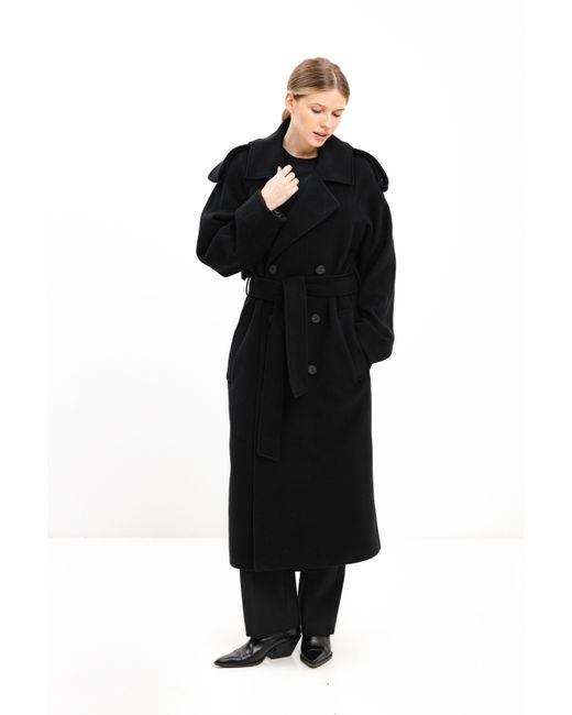 InAvati Black Long Double-Breasted Wool Coat