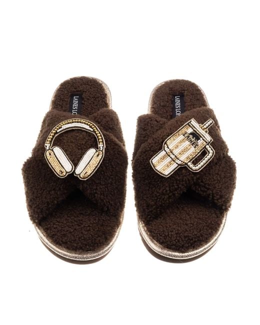 Laines London Brown Neutrals Laines Neutral Boucle Slippers With Headphones & Quencher Brooches