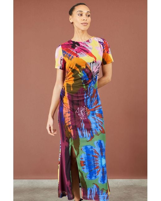 Yumi' Blue Multicolour Abstract Floral Mesh Midi Dress